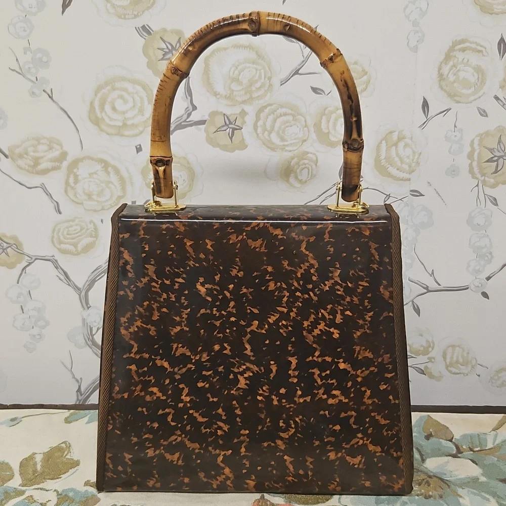 Chic Brown Patterned Satchel with Bamboo Handle - Picture 3 of 11